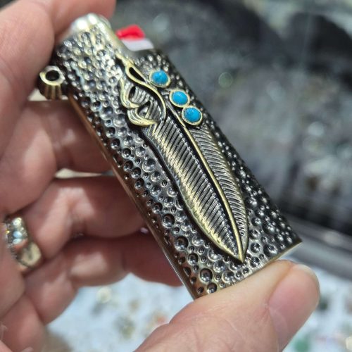 Küçük boy Firuze taşlı kuş tüyü antik sarı çakmak kılıfı