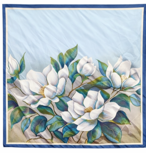 Mavi yeşil beyaz manolyalar desenli ipeksi saten şal