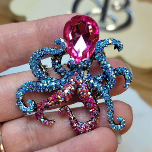 Pembe mavi kristal taşlı ahtapot broş ve kolye ucu