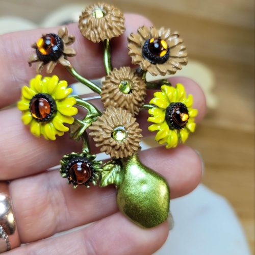 Van Gogh yeşil vazoda sarı ayçiçekleri broş