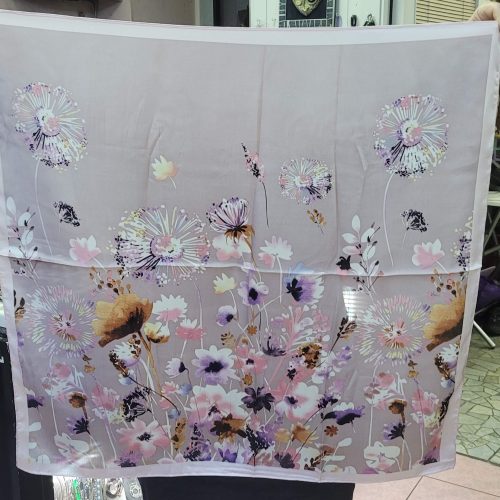 Gülkurusu pudra zeminli- mor pembe floral çiçek desen - ipeksi saten şal