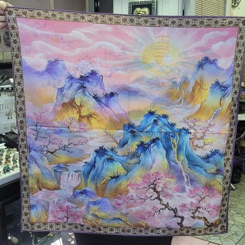 Japon sakura dağları - Mor pembe sakura çiçekleri ipeksi saten jakarlı çift yönlü şal