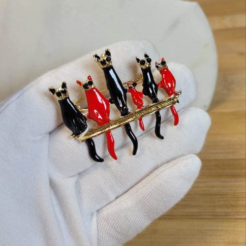 Kırmızı siyah mineli dedikoducu kedi ailesi broş