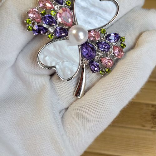Reçine sedef mor pembe kristal taşlı 4 yapraklı yonca şans broş