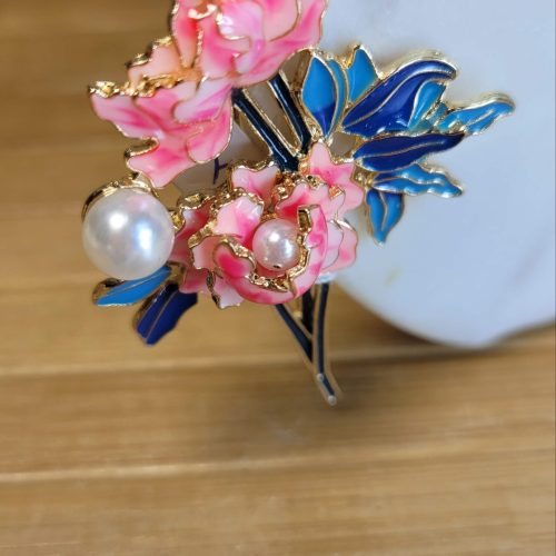 Pembe mavi mineli incili şakayık broş