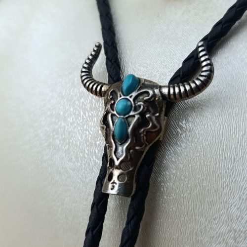 Firuze taşlı bufalo kafası-antik gümüş bolo kravat